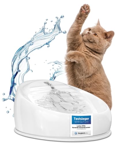 Lucky-Kitty Trinkbrunnen für Katze weiß I Katzenbrunnen Keramik Handarbeit, hygienisch I Kein Aufladen, kein Filter-Tausch I Trinkbrunnen leise & energiesparend I Wasserspender Katzen plastikfrei von Lucky-Kitty