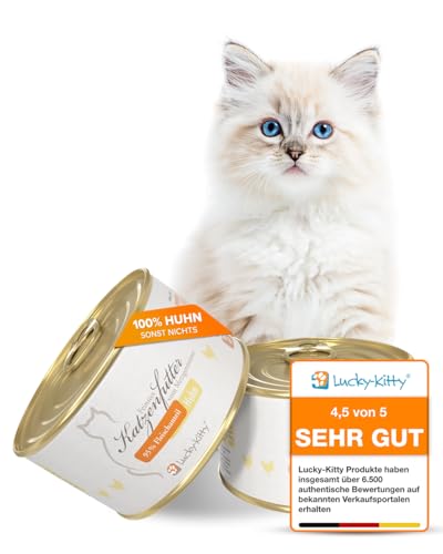 Lucky-Kitty Katzenfutter Nass Huhn, 95% Fleisch I Katzenfutter ohne Getreide & Zucker, Lebensmittelqualität I Nassfutter für Katzen & Kitten, keine Zusätze I Katzennassfutter Made in Germany (16x200g) von Lucky-Kitty
