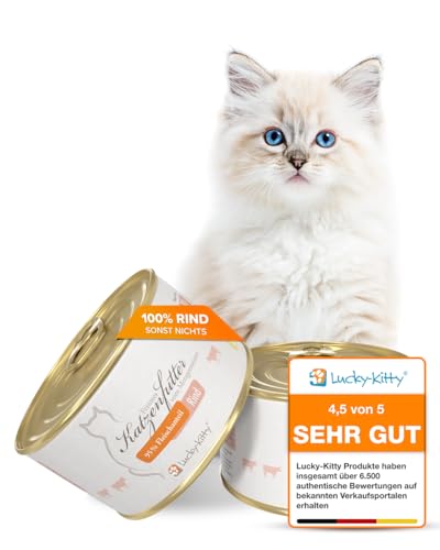 Lucky-Kitty Katzenfutter Nass Rind, 95% Fleisch I Katzenfutter ohne Getreide & Zucker, Lebensmittelqualität I Nassfutter für Katzen, Keine Zusätze I Kittenfutter Made in Germany (16 x 200g) von Lucky-Kitty