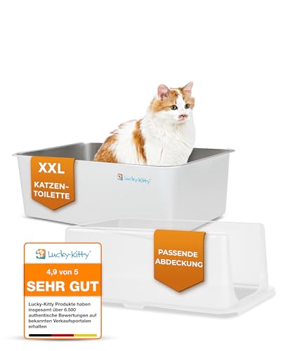 Lucky-Kitty Katzenklo Edelstahl 60x40x20 cm I Katzentoilette mit Deckel, exklusiver Schließmechanismus I Katzenklo XXL, absolut auslaufsicher I Katzenklo groß, geruchsfrei (Weiss) von Lucky-Kitty