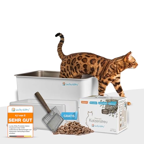 Lucky-Kitty Katzenklo Edelstahl 60x40x40 cm I Katzentoilette mit Deckel, exklusiver Schließmechanismus I Katzenklo XXL, geruchsfrei (Spar-Bundle mit 6kg Streu & Gratis Schaufel) von Lucky-Kitty