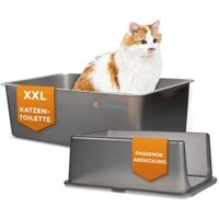 Lucky-Kitty Katzentoilette XXL (Edelstahl Natur) + Haube (Schwarz transparent) von Lucky-Kitty