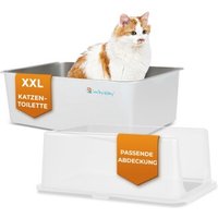 Lucky-Kitty Katzentoilette XXL (Edelstahl Weiß) + Haube (Weiß transparent) von Lucky-Kitty