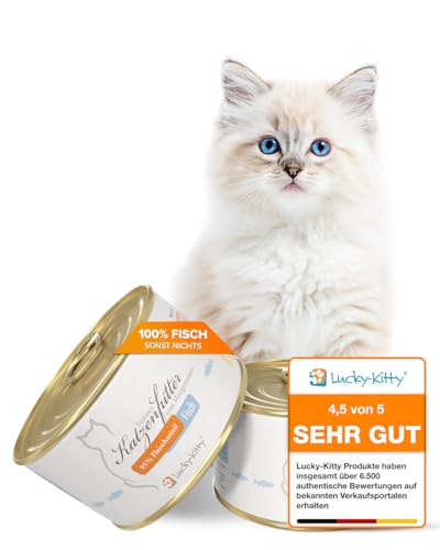 Lucky-Kitty Premium-Katzenfutter Fisch mit 95% Fischanteil in Lebensmittelqualität (4 x 200 Gramm), kein Zucker, kein Getreide, Keine Emulgatoren, Keine Lock- und Farbstoffe, Keine Tierversuche von Lucky-Kitty