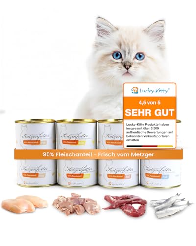 Lucky Kitty Katzenfutter Nass, 95% Fleisch I Katzenfutter ohne Getreide & Zucker, Lebensmittelqualität I Nassfutter für Katzen & Kitten, Keine Zusätze I Katzennassfutter Made in Germany I 8x200g Mix von Lucky-Kitty