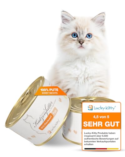 Lucky-Kitty Katzenfutter Nass Pute, 95% Fleisch I Katzenfutter ohne Getreide & Zucker, Lebensmittelqualität I Nassfutter für Katzen, Keine Zusätze I Kittenfutter Made in Germany I 4x200g von Lucky-Kitty