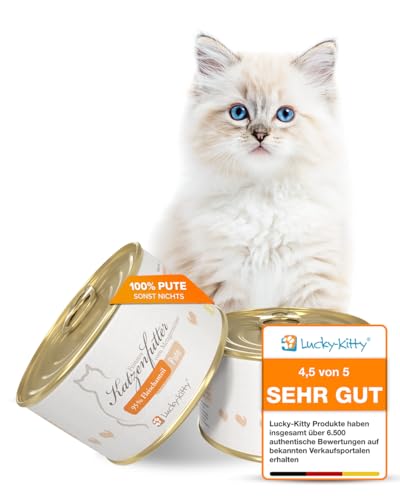 Lucky-Kitty Premium-Katzenfutter Pute mit 95% Fleischanteil in Lebensmittelqualität (4 x 200 Gramm), kein Zucker, kein Getreide, Keine Emulgatoren, Keine Lock- und Farbstoffe, Keine Tierversuche. von Lucky-Kitty