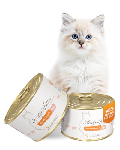 Lucky-Kitty Premium-Katzenfutter Rind mit 95% Fleischanteil in Lebensmittelqualität (4 x 200 Gramm), kein Zucker, kein Getreide, Keine Emulgatoren, Keine Lock- und Farbstoffe, Keine Tierversuche von Lucky-Kitty