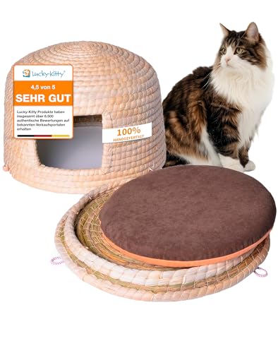Lucky-Kitty Katzenkorb „Neko-Chigura” I Katzenhöhle 100% handgefertigt, mit Kissen I Katzen Schlafplatz, traditionell japanisch - Unikat I Katzen Körbchen oder Hundehöhle kleine Hunde, nachhaltig von Lucky-Kitty