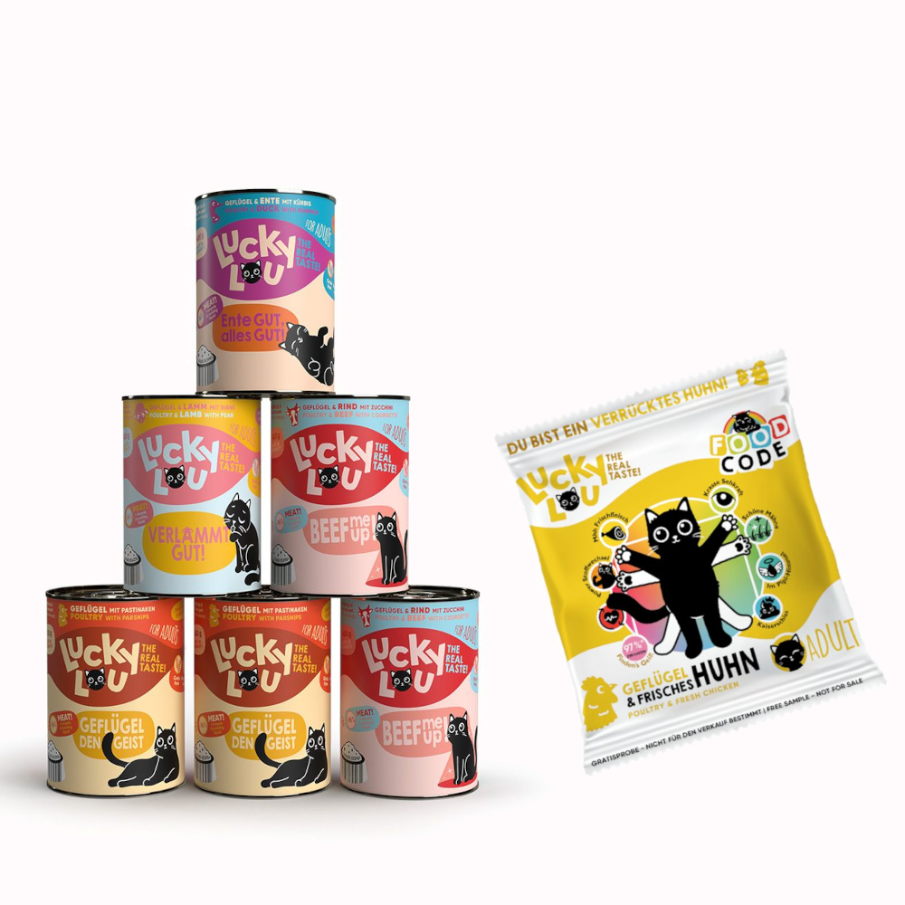6 x 400 g Lucky Lou Adult Nassfutter + 50 g Geflügel & Huhn Trockenfutter gratis! - Tasty-Mix (4 Sorten) von Lucky Lou