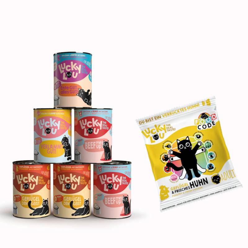 6 x 400 g Lucky Lou Adult Nassfutter + 50 g Geflügel & Huhn Trockenfutter gratis! - Tasty-Mix (4 Sorten) von Lucky Lou
