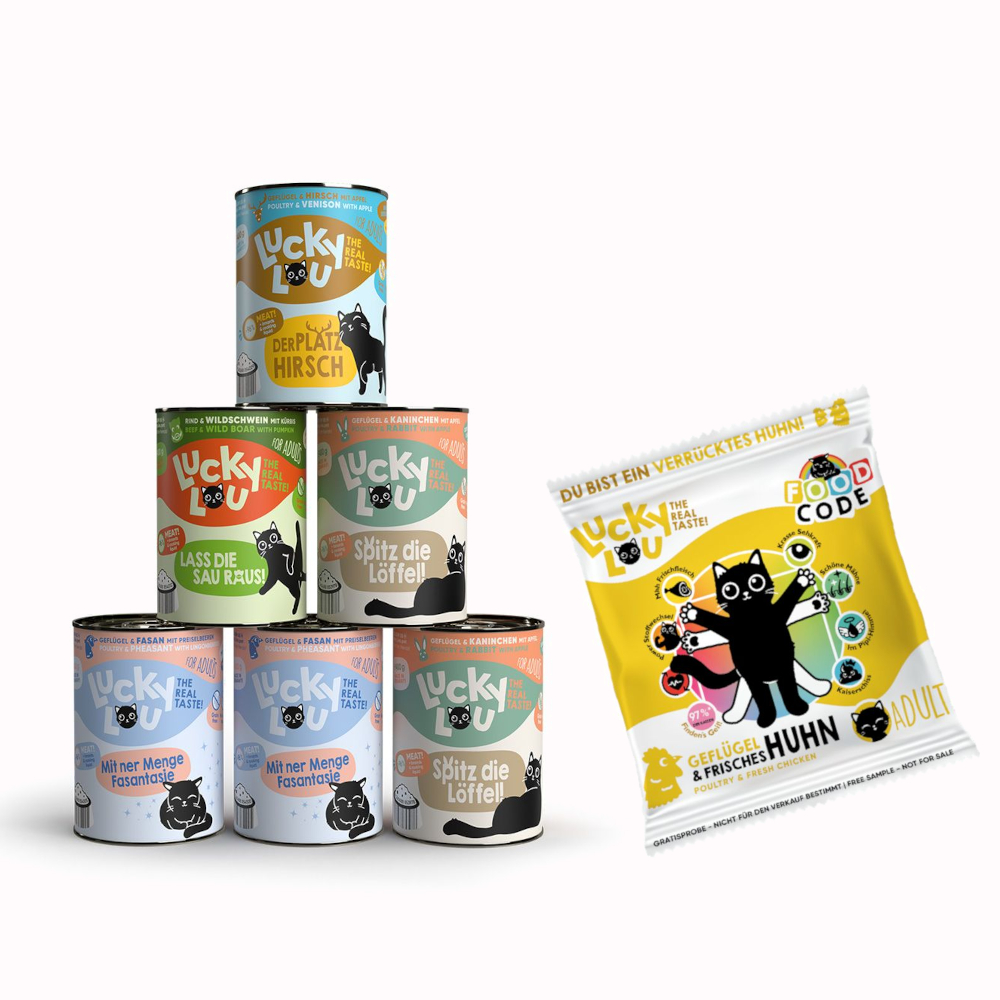 6 x 400 g Lucky Lou Adult Nassfutter + 50 g Geflügel & Huhn Trockenfutter gratis! - Wild-Mix (4 Sorten) von Lucky Lou