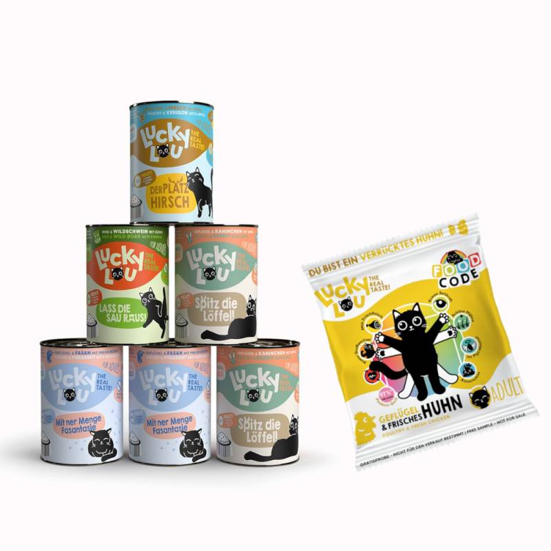 6 x 400 g Lucky Lou Adult Nassfutter + 50 g Geflügel & Huhn Trockenfutter gratis! - Wild-Mix (4 Sorten) von Lucky Lou