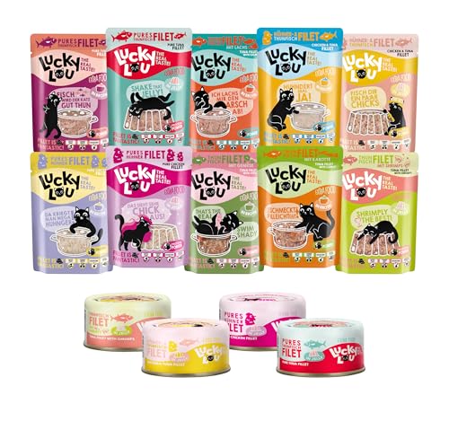 Lucky Lou Extrafood Mix-Paket 36 x 70g Katzenfutter nass - hochwertiges Katzenfutter mit viel Protein - Nassfutter getreidefrei & ohne Zucker für Katzen im Beutel (36 x 70g, Kennenlern-Paket) von Lucky Lou