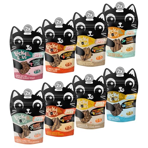 Lucky Lou Katzen-Leckerlies Snack Box - Lucky Ones Leckerli für Deine Katze mit Sticks & Cubes zum Kennenlernen - Katzen-Snacks getreidefrei & ohne Zucker (16er Pack mit 8 Sorten) von Lucky Lou