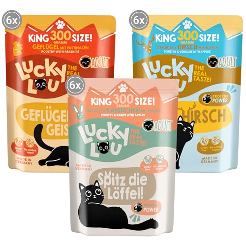 Lucky Lou Lifestage Mix-Paket 18 x 300g hochwertiges Katzenfutter nass mit viel Protein - Nassfutter getreidefrei & ohne Zucker für ausgewachsene Katzen (300g (18er Pack), Geflügel, Kaninchen, Hirsch) von Lucky Lou