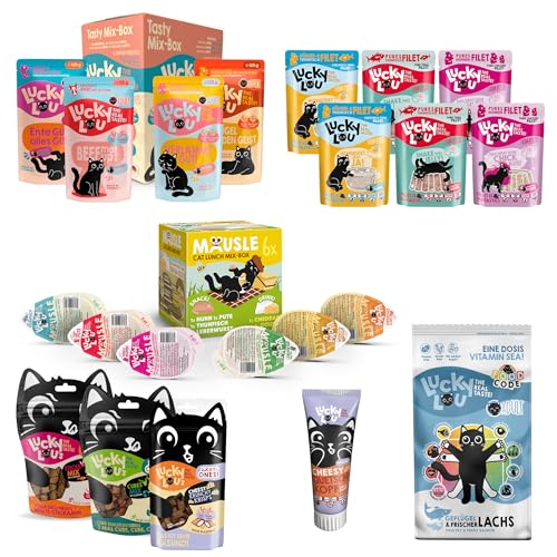 Lucky Lou Probier-Paket mit Katzenfutter nass und trocken & Katzen-Leckerlis in verschiedenen Sorten - Katzen-Leckerlie, Nassfutter & Trockenfutter ohne Getreide & Zucker im Mix von Lucky Lou