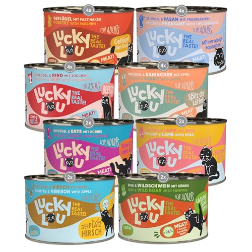 Lucky Lou Lifestage Mix Katzenfutter nass - hochwertiges Katzenfutter mit hohem Fleischanteil - Nassfutter getreidefrei & ohne Zucker in der Dose (200g (24er Pack), Adult 8 Sorten Mix) von Lucky Lou