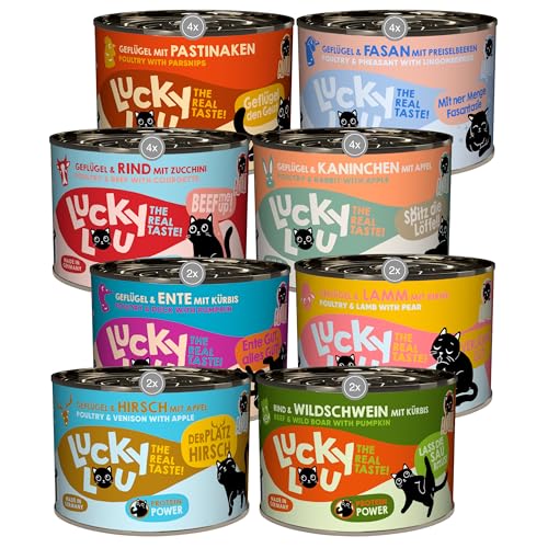 Lucky Lou Lifestage Mix Katzenfutter nass - hochwertiges Katzenfutter mit hohem Fleischanteil - Nassfutter getreidefrei & ohne Zucker in der Dose (200g (24er Pack), Adult 8 Sorten Mix) von Lucky Lou