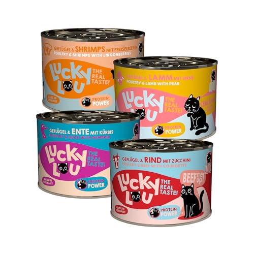 Lucky Lou Lifestage Mix-Paket 24 x 200g Mix-Paket - hochwertiges Katzenfutter nass mit viel Protein - Nassfutter getreidefrei & ohne Zucker für Katzen (200g (24er Pack), Adult 4 Sorten Mix) von Lucky Lou