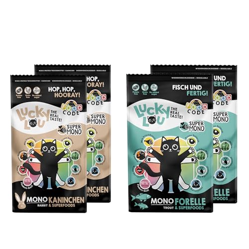 Lucky Lou Monoprotein Katzenfutter trocken - Food Code Mono - Trockenfutter für Katzen mit hohem Fleischanteil - 2 x Forelle und 2 x Kaninchen, getreidefrei & ohne Zucker (4 x 750g) von Lucky Lou