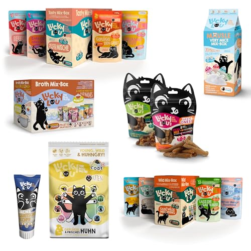Lucky Lou Probier-Paket mit Katzenfutter nass und trocken & Katzen-Leckerlis in verschiedenen Sorten - Katzen-Leckerlie, Nassfutter & Trockenfutter ohne Getreide & Zucker im Mix von Lucky Lou