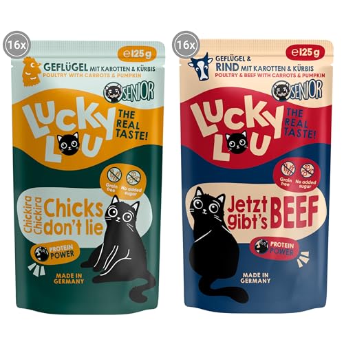 Lucky Lou Lifestage Senior Geflügel & Rind Mix-Paket Katzenfutter nass - hochwertiges Katzenfutter mit viel Protein - Nassfutter getreidefrei & ohne Zucker, 125g (32er Pack) von Lucky Lou