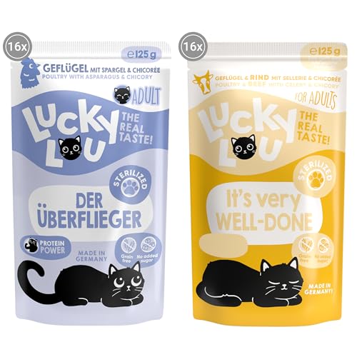 Lucky Lou Lifestage Sterilized Geflügel & Rind Mix-Paket Katzenfutter nass - für sterilisierte Katzen mit viel Protein - Nassfutter getreidefrei & ohne Zucker, 125g (32er Pack) Lucky Lou Lifestage Sterilized Geflügel & Rind Mix-Paket Katzenfutter nass - für sterilisierte Katzen mit viel Protein - Nassfutter getreidefrei & ohne Zucker, 125g (32er Pack) von Lucky Lou