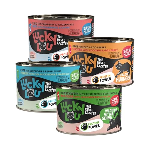 Lucky Lou SuperMono² Mix Katzenfutter nass - hochwertiges Katzenfutter mit hohem Fleischanteil - Nassfutter getreidefrei & ohne Zucker für ausgewachsene Katzen, 200g (24er Pack) von Lucky Lou