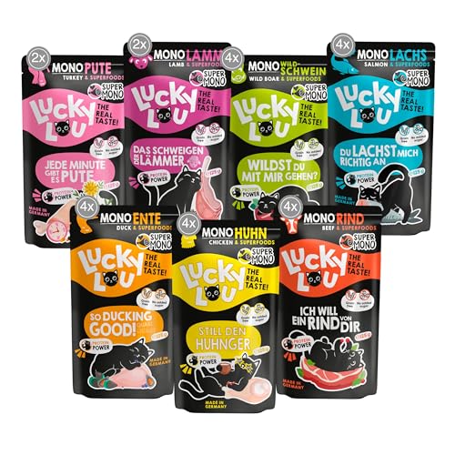 Lucky Lou SuperMono² Mix Katzenfutter nass - hochwertiges Katzenfutter mit viel Protein - Nassfutter getreidefrei & ohne Zucker für ausgewachsene Katzen (85g (24er Pack)) von Lucky Lou