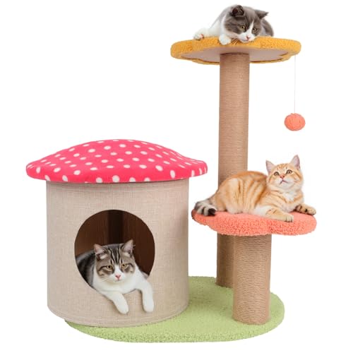 60 cm großer Katzenbaum mit Blumenmotiv, niedlicher Katzenturm mit Sisal-Kratzbäumen für kleine Indoor-Katzen, Pilz, moderne Katzenhütte für Kätzchen, Rot von Lucky Monet