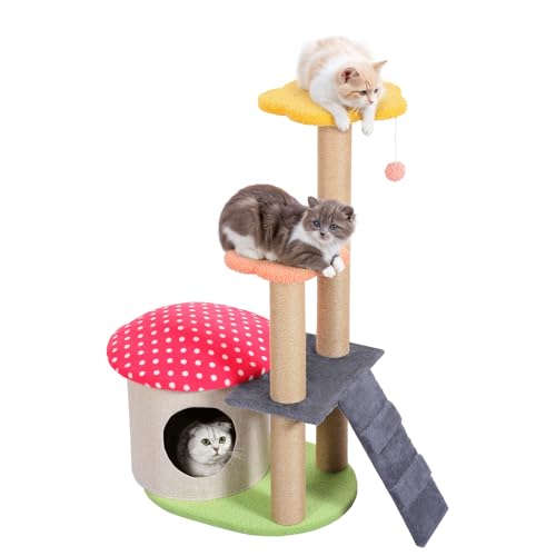 87,9 cm Blumen-Katzenbaum, niedlicher Katzenturm mit Sisal-Kratzstämmen für kleine Indoor-Katzen, Pilz, moderne Katzenhütte für Kätzchen, Rot von Lucky Monet
