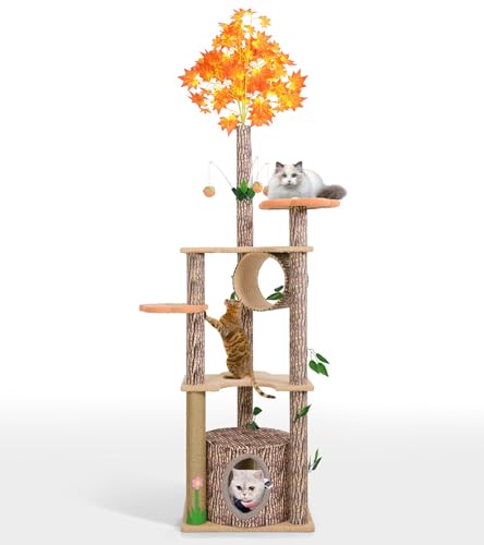 Lucky Monet 61 Zoll Kratzbaum für Indoor-Katzen, kreativer baumähnlicher Katzenturm mit Blättern, einzigartiges Katzenklettergerüst mit Kratzbaum, Höhle, Blumenplattform von Lucky Monet
