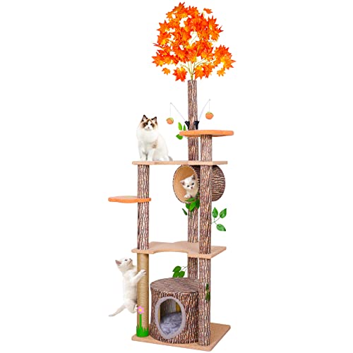 Lucky Monet 61 Zoll Kratzbaum für Indoor-Katzen, kreativer baumähnlicher Katzenturm mit Blättern, einzigartiges Katzenklettergerüst mit Kratzbaum, Höhle, Blumenplattform von Lucky Monet