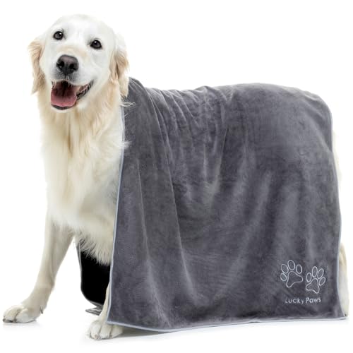 Lucky Paws® Hundehandtuch - 140x70cm XL Hundehandtuch extra saugfähig - schnell trocknend, luxuriös weiches Hunde Handtuch Hundebesitzer & Hunde Zubehör (1er-Pack, grau/Silber) von Lucky Paws