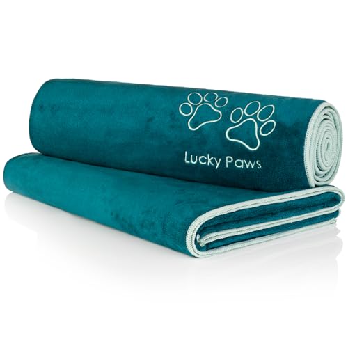 Lucky Paws® Hundehandtuch - 140x70cm XL Hundehandtuch extra saugfähig - schnell trocknend, luxuriös weiches Hunde Handtuch Hundebesitzer und Hunde Zubehör (2er-Pack, Teal) von Lucky Paws
