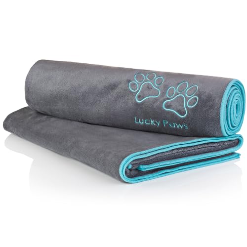 Lucky Paws® Hundehandtuch - 140x70cm XL Hundehandtuch extra saugfähig - schnell trocknend, luxuriös weiches Hunde Handtuch Hundebesitzer & Hunde Zubehör (2er-Pack, grau/türkis) von Lucky Paws