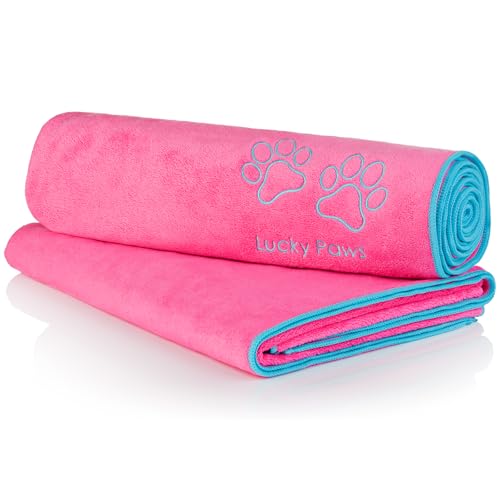Lucky Paws® Hundehandtuch - 140x70cm XL Hundehandtuch extra saugfähig - schnell trocknend, luxuriös weiches Hunde Handtuch Hundebesitzer und Hunde Zubehör (2er-Pack, rosa) von Lucky Paws