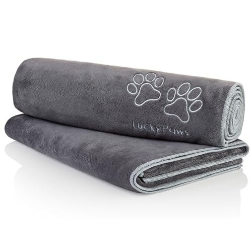 Lucky Paws® Hundehandtuch - 140x70cm XL Hundehandtuch extra saugfähig - schnell trocknend, luxuriös weiches Hunde Handtuch Hundebesitzer & Hunde Zubehör (2er-Pack, grau/Silber) von Lucky Paws