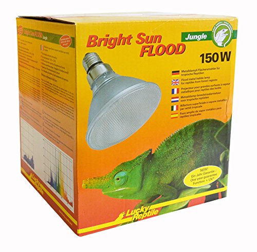 Lucky Reptile Bright Sun Flood Jungle - 150 W Metalldampflampe für E27 Fassungen - Terrarium Lampe mit Tageslichtspektrum - Wärmelampe mit UVA & UVB Strahlung - UV Lampe für tropische Reptilien von Lucky Reptile