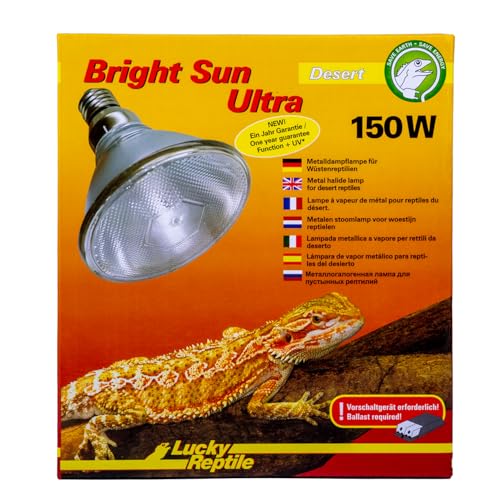 Lucky Reptile Bright Sun Ultra Desert - 150 W Metalldampflampe für E27 Fassungen - Tageslichtlampe für große Terrarien - Wärmelampe mit UVA & UVB Strahlung - UV Lampe für Wüstenreptilien von Lucky Reptile