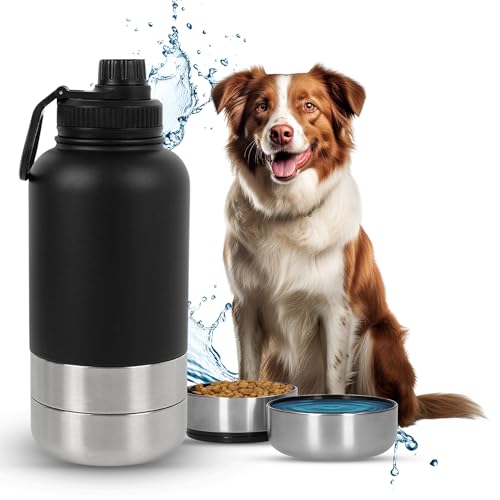 LuckyFlex® 3-in-1 Trinkflasche Hunde für unterwegs – 800 ml Hundetrinkflasche für unterwegs aus Edelstahl – Hunde Trinkflasche To Go mit Napf & Futterfach – auslaufsichere Hunde Trinkflasche von LuckyFlex