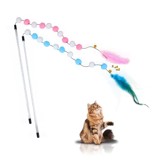 LuckyOpt 2Pcs Katzenspielzeug, Katze Wand Spielzeug mit Glocke und Plüsch Bälle, Bunte Katze Feder Spielzeug interaktive Indoor Teaser Wand für die Erleichterung der Langeweile (Rosa + Blau) von LuckyOpt