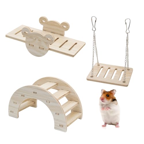 LuckyOpt 3Stücke Hamster Spielzeug, hölzerne Hamster Schaukel & Brücke & Wippe, DIY Hamsterkäfig Zubehör Boredom Breaker Aktivität Spielzeug für Hamster Nager Gerbils Meerschweinchen (Log-farbig) von LuckyOpt
