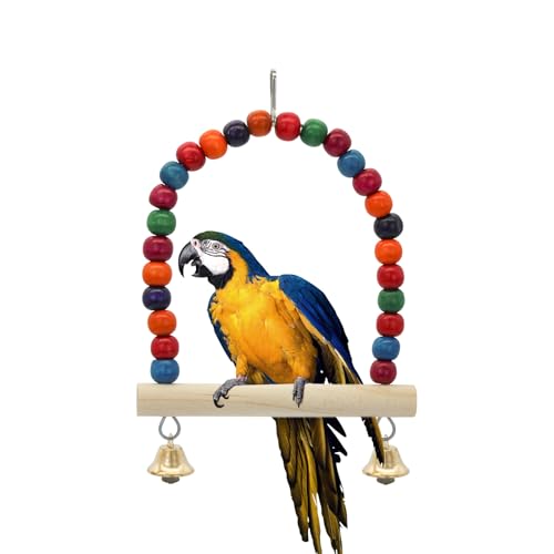 LuckyOpt Bird Swing Toy with Perch Stand and Bell, Natural Wooden Colorful Bird Toy Bird Toy for Small Sized Birds Budgie Parakeet Cockatiel Cockatoo (Holzfarben) von LuckyOpt