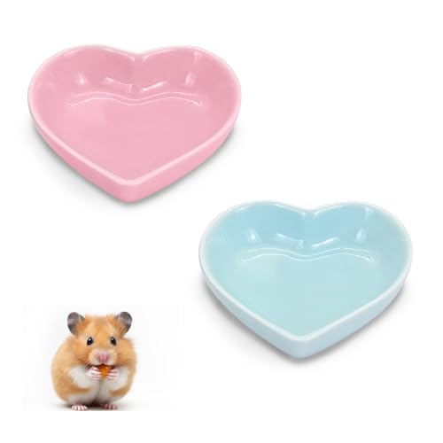 LuckyOpt Hamster-Futternapf aus Keramik, 34 ml, langlebig, Herz-Hamster-Wasserschale für Hamster, Vögel, Schlangen, Schildkröte, leicht zu waschen und Kippen zu verhindern (Rosa + Blau, 2 Stück) von LuckyOpt