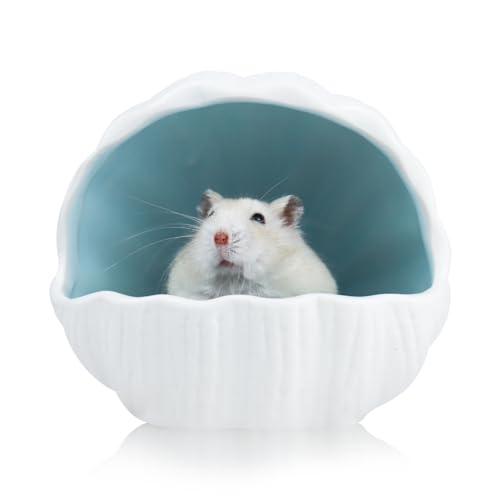 LuckyOpt Hamsterversteck aus Keramik, niedlicher Muschelförmiger Kleintier-Lebensraum, große Öffnung, leicht zu reinigen, Keramik-Hamsterhaus für Rennmäuse, Chinchilla, Zwerghamster (Blau) von LuckyOpt