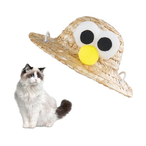 LuckyOpt Haustier Stroh Hut, Niedliche Hund-Mütze mit verstellbarem Gürtel, Katzenmütze für den Strand Meer Reisen im Sommer (Gelb Vogel-Augen) von LuckyOpt