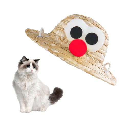 LuckyOpt Haustier Stroh Hut, Niedliche Hund-Mütze mit verstellbarem Gürtel, Katzenmütze für den Strand Meer Reisen im Sommer (Vogel-Augen) von LuckyOpt