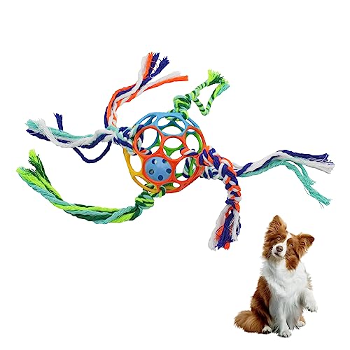 LuckyOpt Hundespielzeugbälle, bunt, Gummi, Kauspielzeug mit 6 interaktiven Baumwollseilen, interaktiver Ball mit Glocke innen für kleine, mittelgroße Hunde, für drinnen und draußen (mehrfarbig) von LuckyOpt